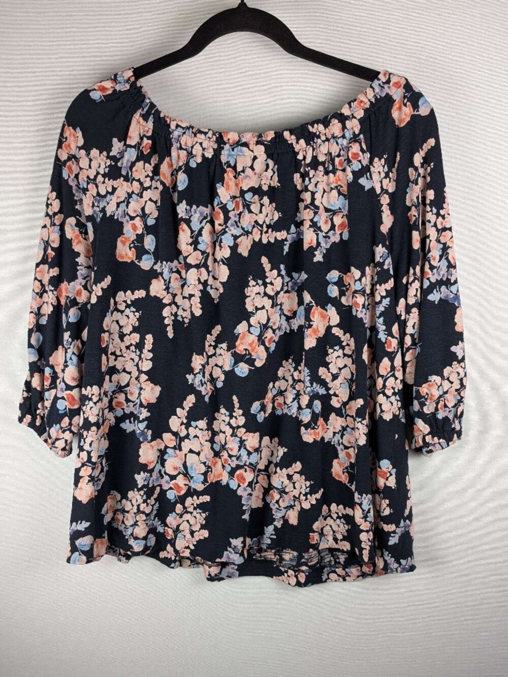 J Jill Navy Blue Floral Print Off-the-Shoulder Blouse Sz XLP Boho Peasant